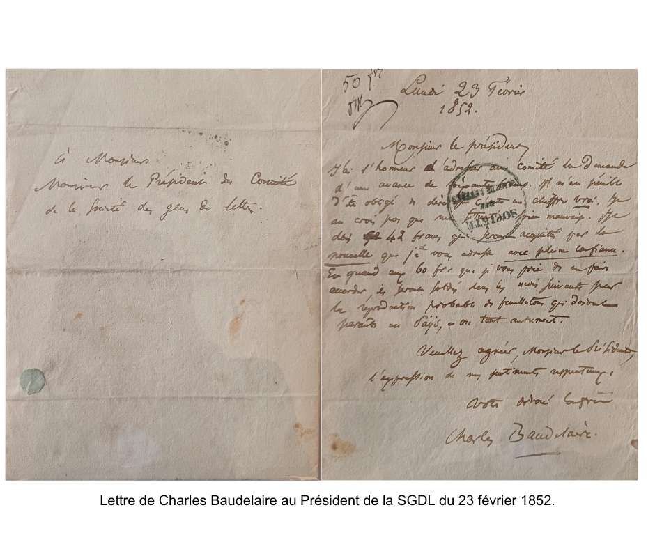 Lettre de Charles Baudelaire au Président de la SGDL du 23 février 1852png
