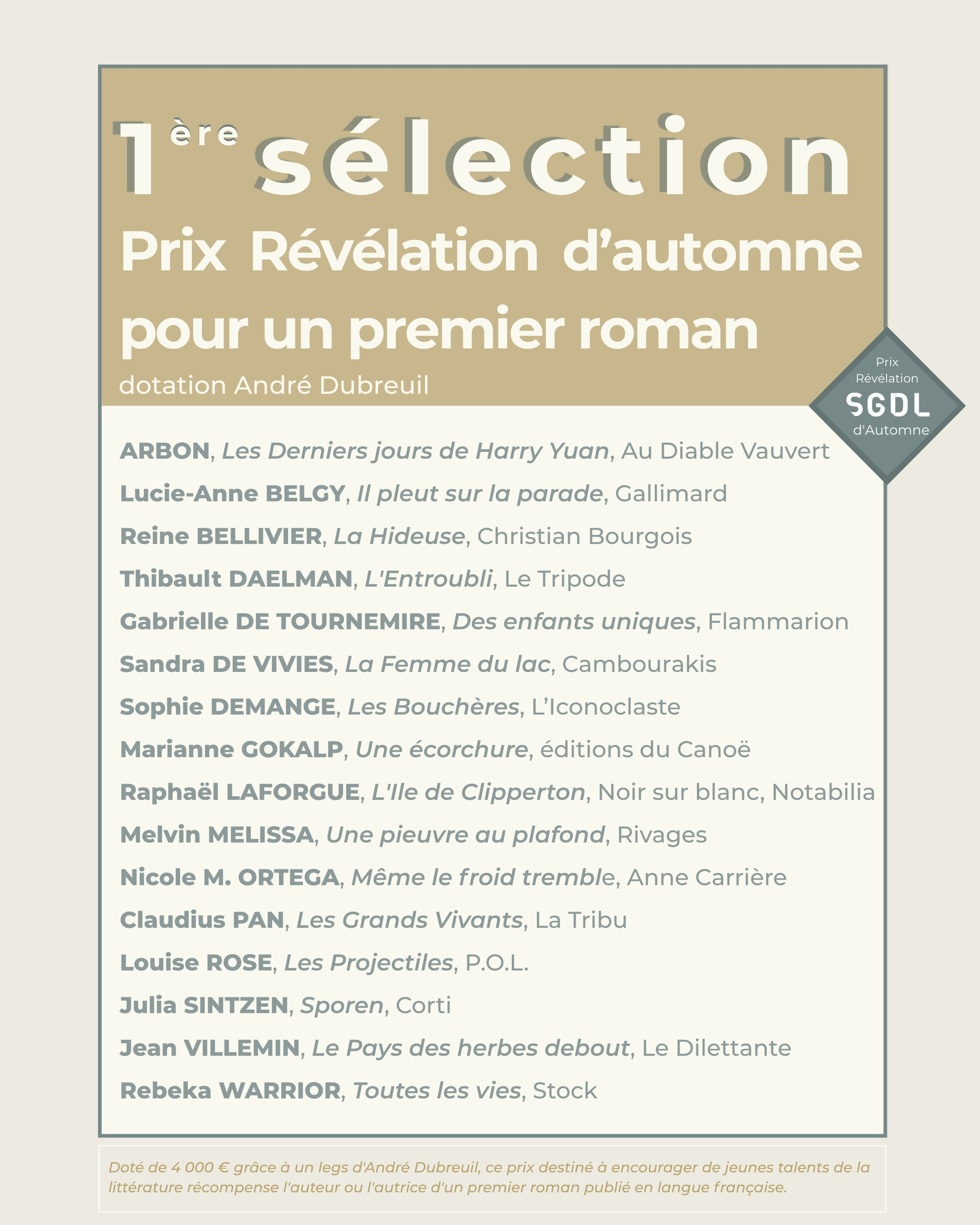 16 premiers romans première sélection révélation 25